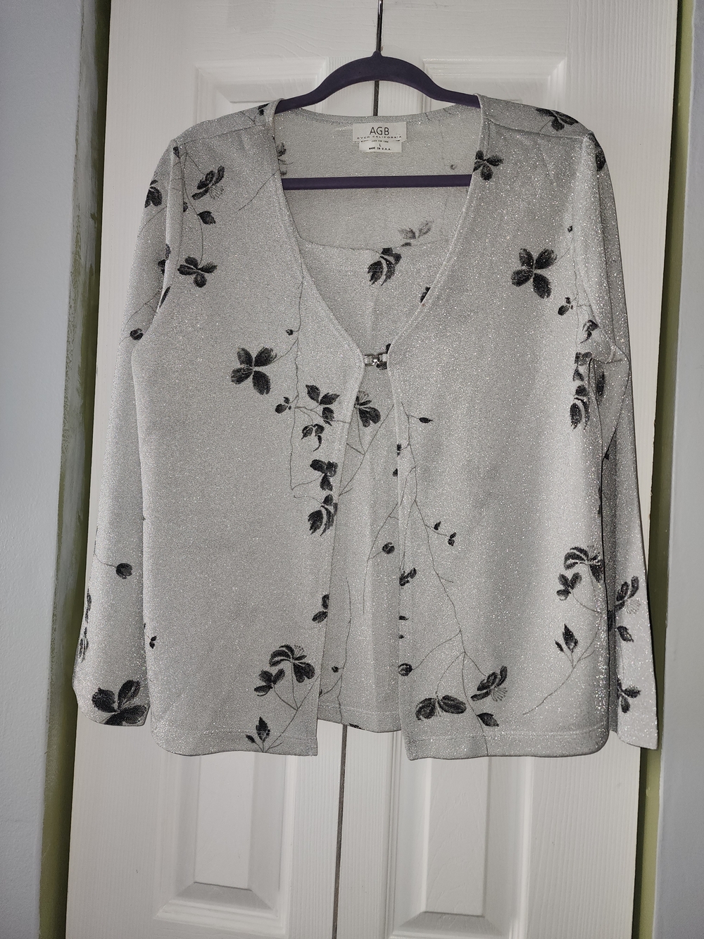 AGB Silver Sparkle Floral Layered Cardigan Size L